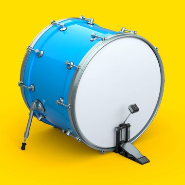 Sarı arka planda pedalı olan gerçekçi bir davul. 3D render müzik aleti, davul makinesi konsepti.