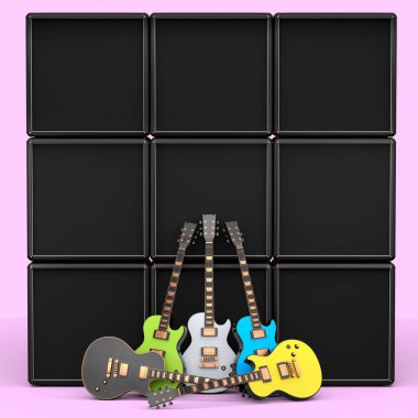 Pembe arka planda elektrikli akustik gitar ve amplifikatör seti. Müzik dükkanı için heavy metal gitarlı 3D rock festivali posteri.