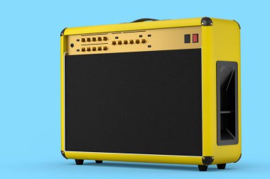 Klasik elektrik ve akustik gitar amplifikatörü mavi arka planda izole edildi. Stüdyo veya prova odasında bas gitar kaydetmek için 3D yükseltici