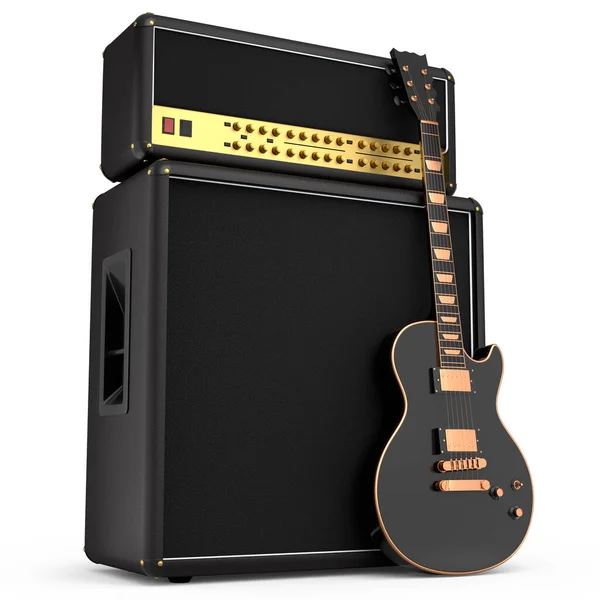 Classical amplifier with electric or acoustic guitar isolated on white background. 3d render of amplifier for recording bass guitar in studio or rehearsal room, concept for rock festival poste