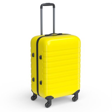 Beyaz arka planda izole edilmiş küçük sarı polikarbonat bavulu. 3D seyahat konsepti bagaj veya bagaj