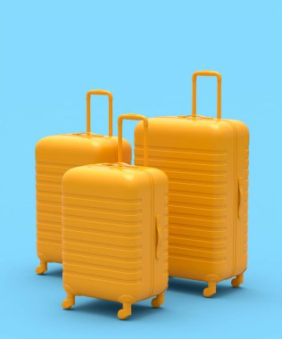 Renkli bavul ya da tek renkli mavi arka planda valiz. Yaz tatili konsepti ve tatillerinin 3 boyutlu canlandırması
