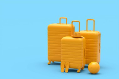 Tek renkli mavi arka planda plaj topu ve parmak arası terliklerle dolu bavul. Yaz tatili konsepti ve tatillerinin 3 boyutlu canlandırması