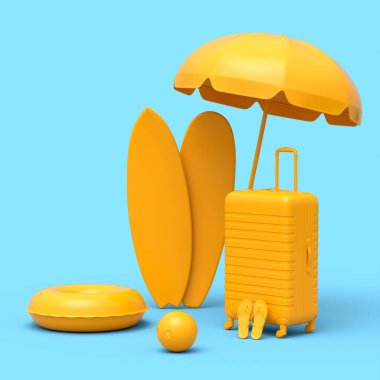 Tek renkli mavi arka planda plaj topu ve sörf tahtası olan bavul. Yaz tatili konsepti ve tatillerinin 3 boyutlu canlandırması