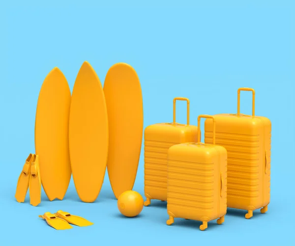 モノクロームブルーの背景にビーチボールとサーフボード付きのスーツケース 夏休みのコンセプトと休日の3Dレンダリング — ストック写真