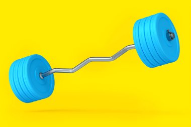 Sarı arka planda mavi diskleri olan soyut metal halterler. Spor malzemelerinin fitness ve powerlift için 3D yorumlaması