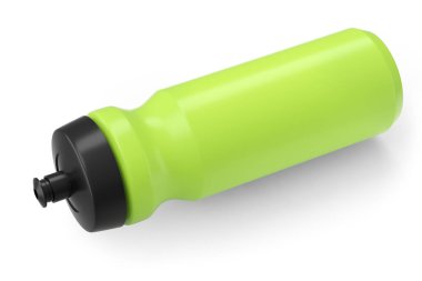 Beyaz arka planda izole edilmiş protein içeceği için yeşil plastik karıştırıcı. Spor gıda kokteyl kabının 3 boyutlu sunucusu