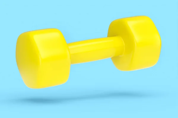 橡胶黄色哑铃隔离在蓝色背景 3D提供用于健身和举重的体育设备 — 图库照片