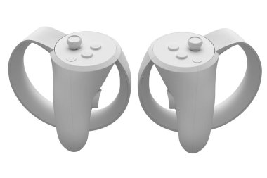 Çevrimiçi oyun için sanal gerçeklik kontrolörleri ve beyaz tek renkli arka plan için bulut oyunları. Artırılmış gerçeklik veya VR için 3B aygıt hazırlayıcı