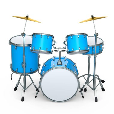 Beyaz arka planda metal zilleri olan gerçekçi davullar. 3D render müzik perküsyon enstrümanı, davul makinesi ve bateri seti