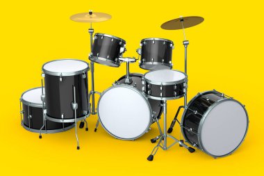 Sarı arka planda metal zilleri olan gerçekçi davullar. 3D render müzik perküsyon enstrümanı, davul makinesi ve bateri seti