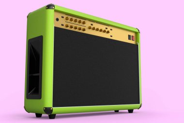 Klasik elektrik ve akustik gitar amplifikatörü pembe arka planda izole edilmiş. Stüdyo veya prova odasında bas gitar kaydetmek için 3D yükseltici