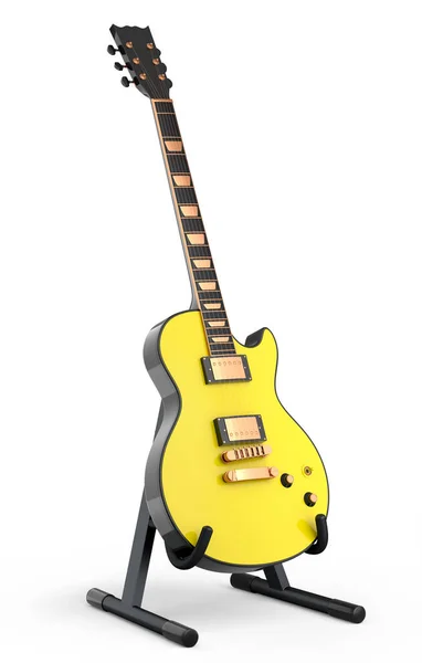 スタンド上の電気音響ギターは白い背景に隔離されています 音楽ショップのための重い金属ギターとロックフェスティバルポスターのための概念の3Dレンダリング — ストック写真