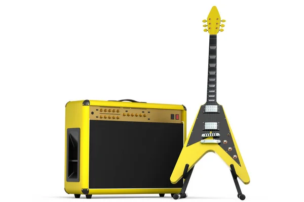 白の背景に絶縁されたスタンドに電気的または音響ギター付きの古典的なアンプ スタジオやリハーサル室でベースギターを録音するためのアンプの3Dレンダリング ロックフェスティバルのコンセプト — ストック写真
