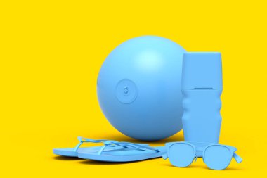 Sahildeki tek renkli sarı arka planda parmak arası terlik, güneş gözlüğü, güneş kremi ve top gibi plaj aksesuarları. Yaz tatili konsepti ve tatillerinin 3 boyutlu canlandırması