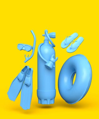 Renkli dalış şeyleri ve plaj aksesuarları. Şemsiye, parmak arası terlik ve tek renkli sarı arka planda şişme yüzük gibi. Yaz tatili konsepti ve tatillerinin 3 boyutlu canlandırması