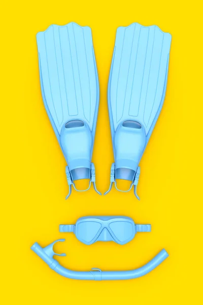モノクロームの黄色の背景にカラフルなスキューバマスク フリッパー シュノーケリングチューブ 夏休みのコンセプトと休日の3Dレンダリング — ストック写真