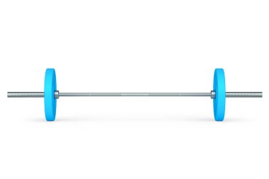 Beyaz arka planda mavi diskleri olan soyut metal halterler. Spor malzemelerinin fitness ve powerlift için 3D yorumlaması