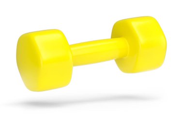 Kauçuk sarısı dambıl beyaz arka planda izole edilmiş. Spor malzemelerinin fitness ve powerlift için 3D yorumlaması