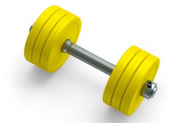 Beyaz arka planda sarı diskleri olan metal halterler. Spor malzemelerinin fitness ve powerlift için 3D yorumlaması