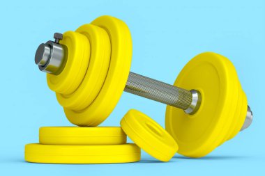 Mavi arka planda sarı diskleri olan metal halterler. Spor malzemelerinin fitness ve powerlift için 3D yorumlaması