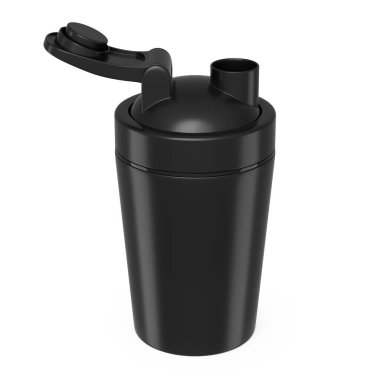 Beyaz arka planda izole edilmiş protein içeceği için siyah plastik karıştırıcı. Spor gıda kokteyl kabının 3 boyutlu sunucusu