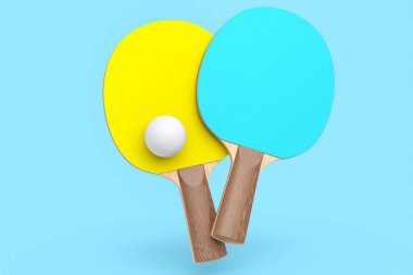 Masa tenisi için masa tenisi raketleri ve mavi arka planda izole edilmiş top. Aktif eğitim için 3D spor ekipmanı hazırlama