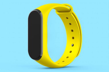 Sarı fitness takip cihazı ya da kalp atış hızı monitörü olan akıllı saat mavi arka planda izole edilmiş. Etkin eğitim ve giyilebilir aygıt için 3D spor ekipmanı hazırlama.