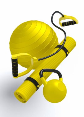 Yoga minderi, kettlebell gibi uçan spor aletleri ve beyaz arka planda genişletici. Güç kaldırma ve zindelik kavramının 3 boyutlu canlandırması
