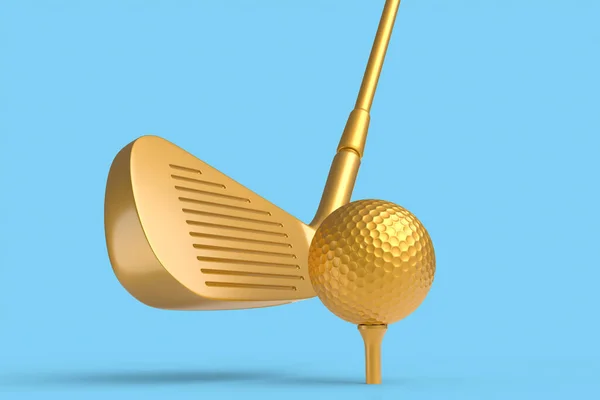 Guld Golfklubb Och Boll Isolerad Blå Bakgrund Rendering Sportutrustning För — Stockfoto