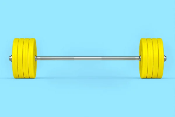 带黄色圆盘的带蓝色背景的抽象金属棒 3D提供用于健身和举重的体育设备 — 图库照片