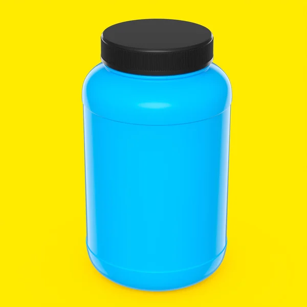 Spor Beslenmesi Için Mavi Plastik Kavanoz Protein Kazan Tozu Sarı — Stok fotoğraf