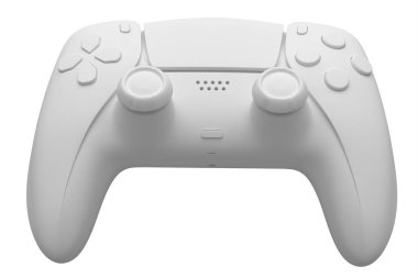 Beyaz tek renkli arka planda gerçekçi video oyunu joystick 'i. Bulut oyunu ya da şampiyon ve kazanan ödülleri konsepti için 3B yayın ekipmanı