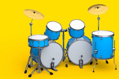 Sarı arka planda metal zilleri olan gerçekçi davullar. 3D render müzik perküsyon enstrümanı, davul makinesi ve bateri seti