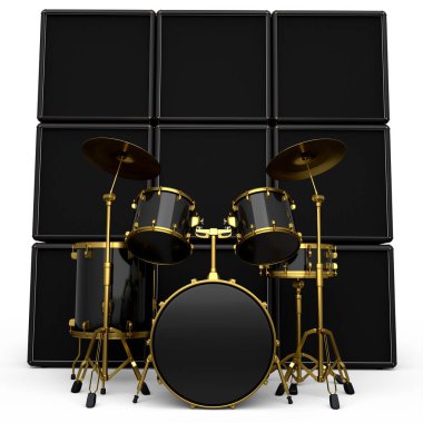 Metal zilli gerçekçi davullar veya bateri seti ve beyaz zemin üzerinde yükseltici. 3D render müzik perküsyon enstrümanı, davul makinesi ve bateri seti