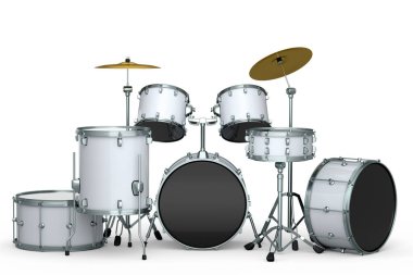 Beyaz arka planda metal zilleri olan gerçekçi davullar. 3D render müzik perküsyon enstrümanı, davul makinesi ve bateri seti