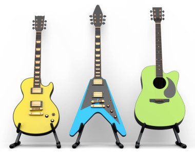 Beyaz arka planda izole edilmiş elektro akustik gitar seti. Müzik dükkanı için heavy metal gitarlı 3D rock festivali posteri.