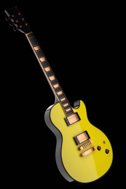 Elektro akustik gitarın yakın çekimi siyah zemin üzerinde izole edilmiş. Müzik dükkanı için heavy metal gitarlı 3D rock festivali posteri.