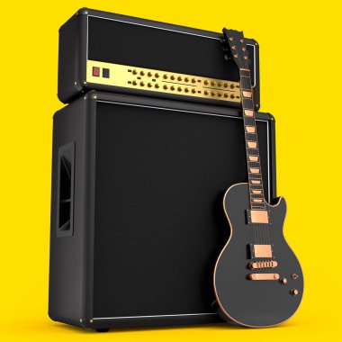 Sarı arka planda izole edilmiş elektro ya da akustik gitarlı klasik amplifikatör. Stüdyo veya prova odasında bas gitar kaydetmek için 3D yükseltici, rock festivali poste konsepti