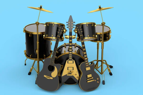 Conjunto Tambores Realistas Con Platillos Metal Soportes Guitarras Acústicas Sobre —  Fotos de Stock