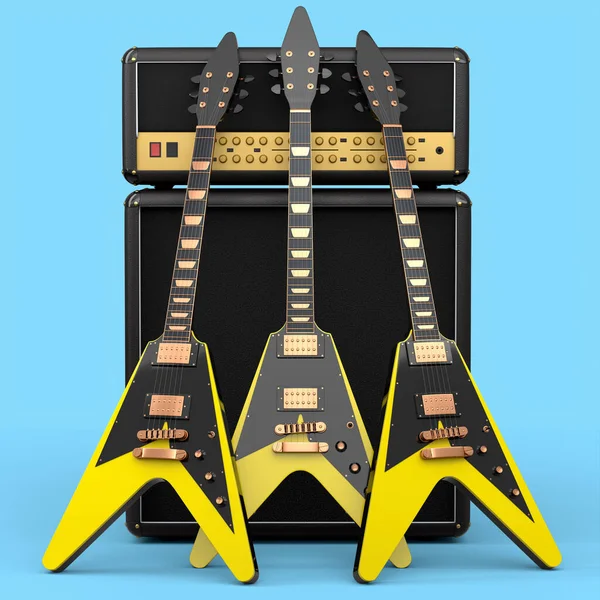 青を基調としたエレクトリック アコースティック ギターとアンプのセット 音楽ショップのための重い金属ギターとロックフェスティバルポスターのための概念の3Dレンダリング — ストック写真