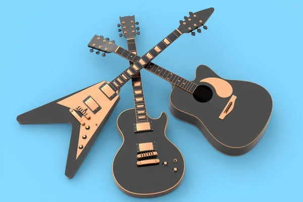 Conjunto Guitarra Acústica Eléctrica Aislada Sobre Fondo Azul Render Concept —  Fotos de Stock