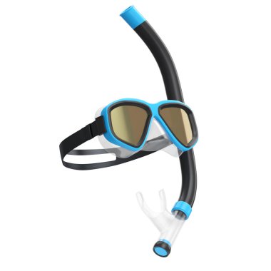 Mavi dalış maskesi ve şnorkel beyaz arka planda izole edilmiş. 3D dalış ve şnorkelle yüzme ekipmanı