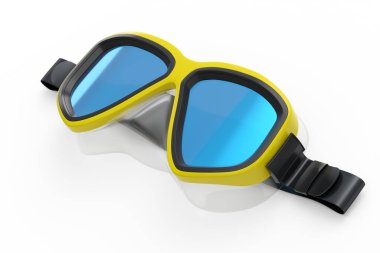 Sarı dalış maskesi beyaz arka planda izole edilmiş. 3D dalış ve şnorkelle yüzme ekipmanı