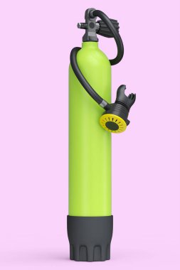 Pembe arka planda izole edilmiş şnorkelle yüzmek için yeşil dalış tankı tam oksijen. Yaz tatili için 3D dalış ve spor malzemesi.