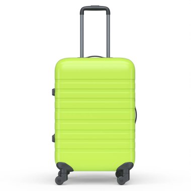 Beyaz arka planda izole edilmiş küçük yeşil polikarbonat bavulu. 3D seyahat konsepti bagaj veya bagaj