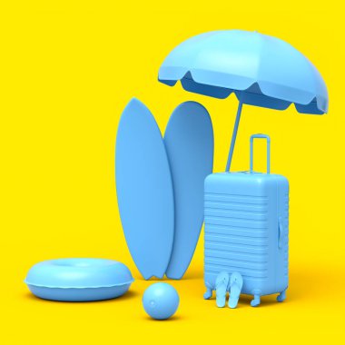 Tek renkli sarı arka planda plaj topu ve sörf tahtası olan bavul. Yaz tatili konsepti ve tatillerinin 3 boyutlu canlandırması