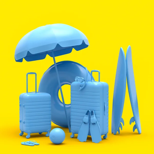 Koffer Mit Sonnenschirm Und Surfbrett Auf Monochrom Gelbem Hintergrund Darstellung — Stockfoto