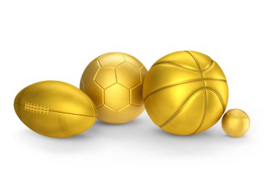 Basketbol, Amerikan futbolu ve golf gibi altın kümeler beyaz arka planda izole edilmiş. Takım oyunları için 3 boyutlu spor aksesuarları hazırlama