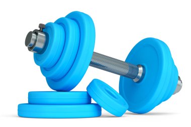 Beyaz zemin üzerinde mavi diskleri olan metal halterler. Spor malzemelerinin fitness ve powerlift için 3D yorumlaması